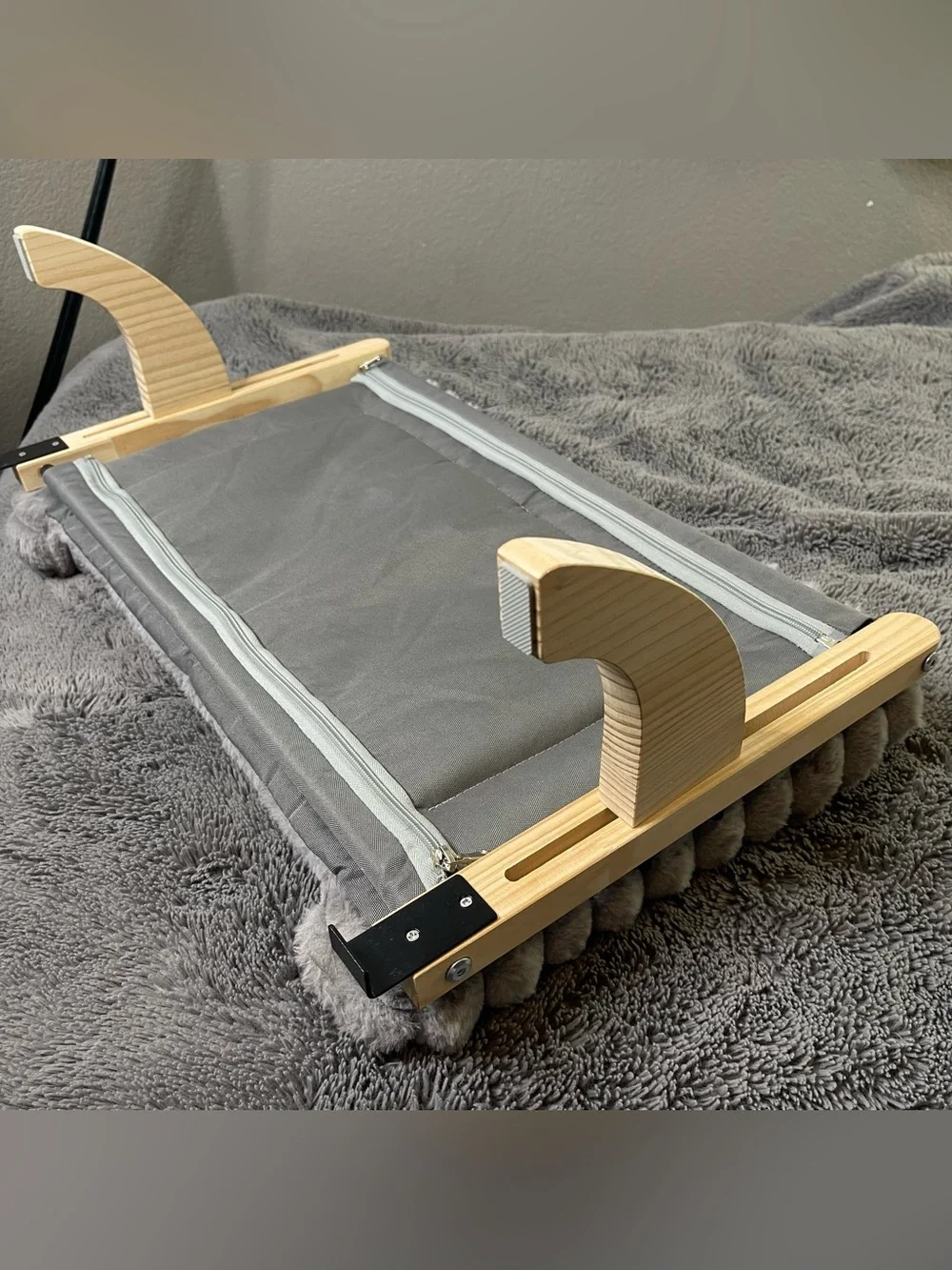 wooden cat window perch featuring an adjustable hook-on mounting Gray